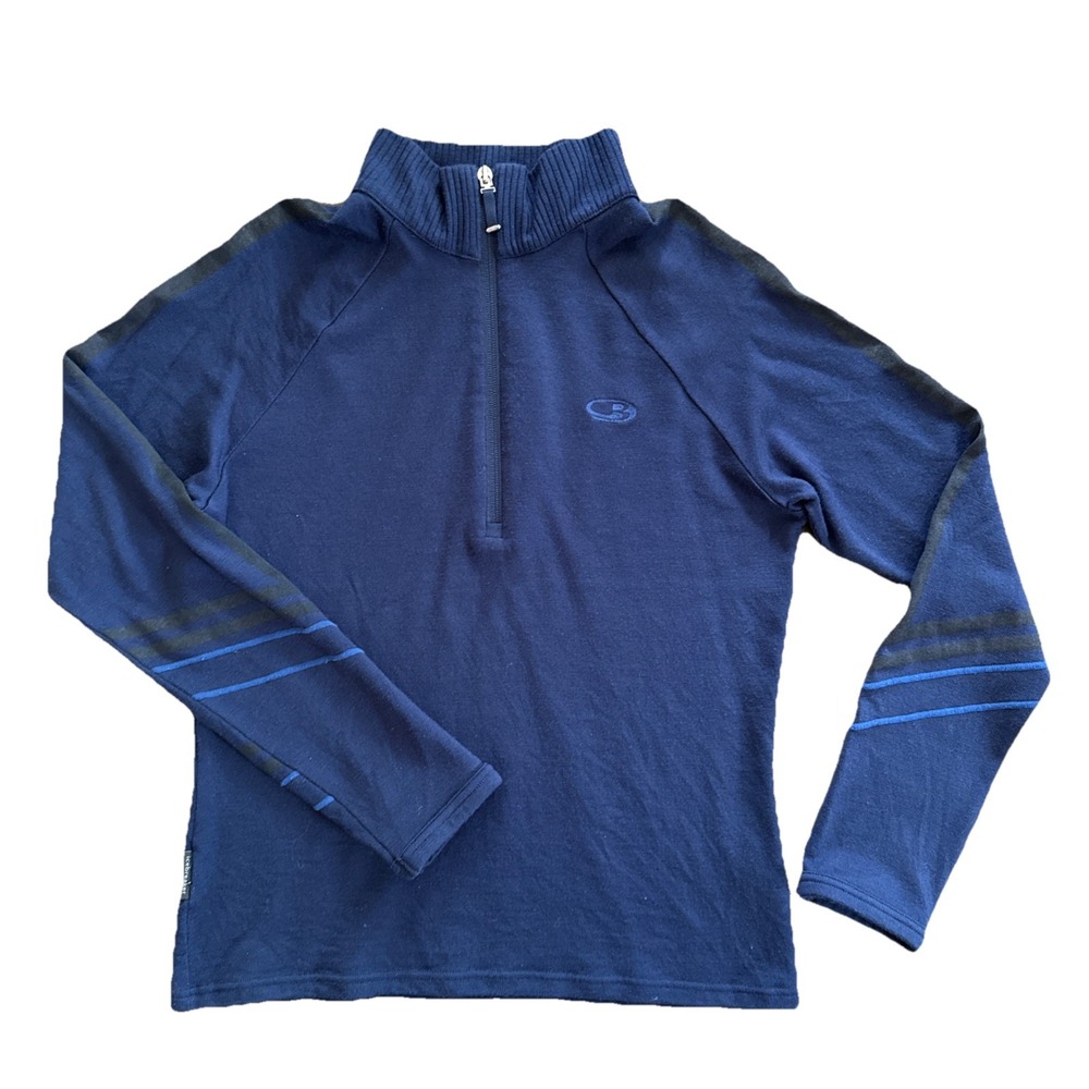Icebreaker 100% Merino Wool 1/4 Zip Sweater Women M Blue Thumbholes Mid Layer
